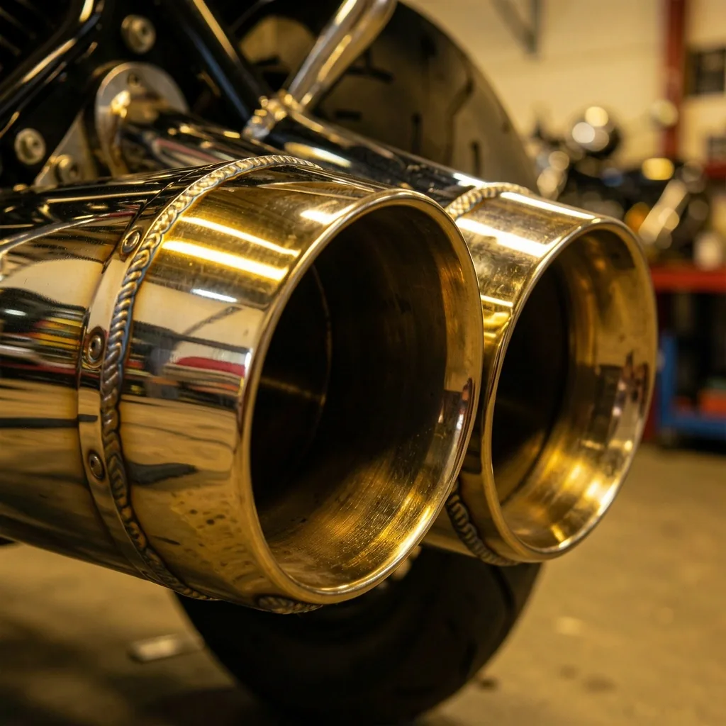 Chromowana rura wydechowa motocykla w detalu