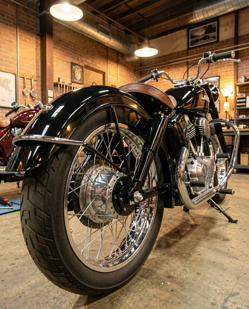 Motocykl klasyczny po renowacji — lśniący chrom i lakier