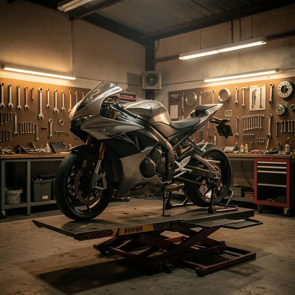 Wnętrze warsztatu motocyklowego Foravell z podnośnikiem i narzędziami