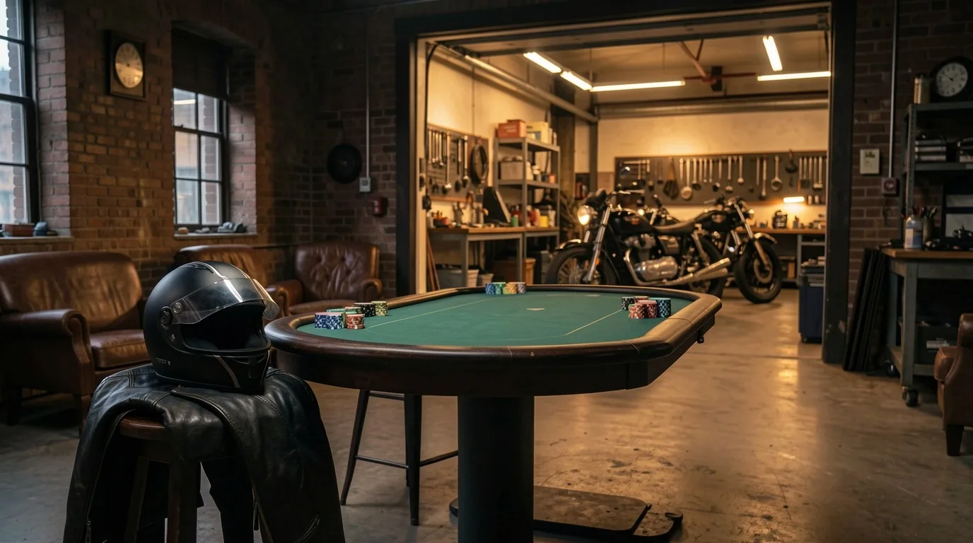 Motocykl w warsztacie Foravell nocą