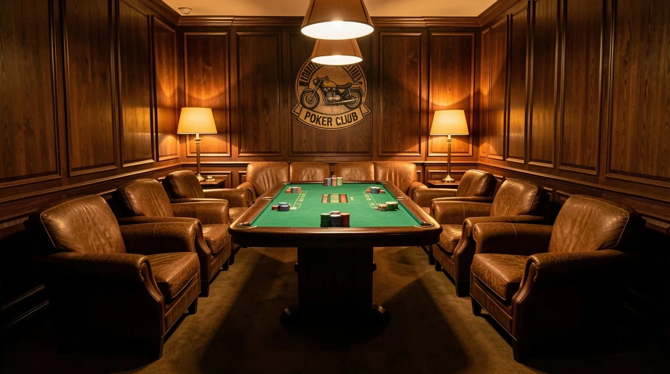Wnętrze klubu pokerowego Foravell ze stołem do gry i skórzanymi fotelami