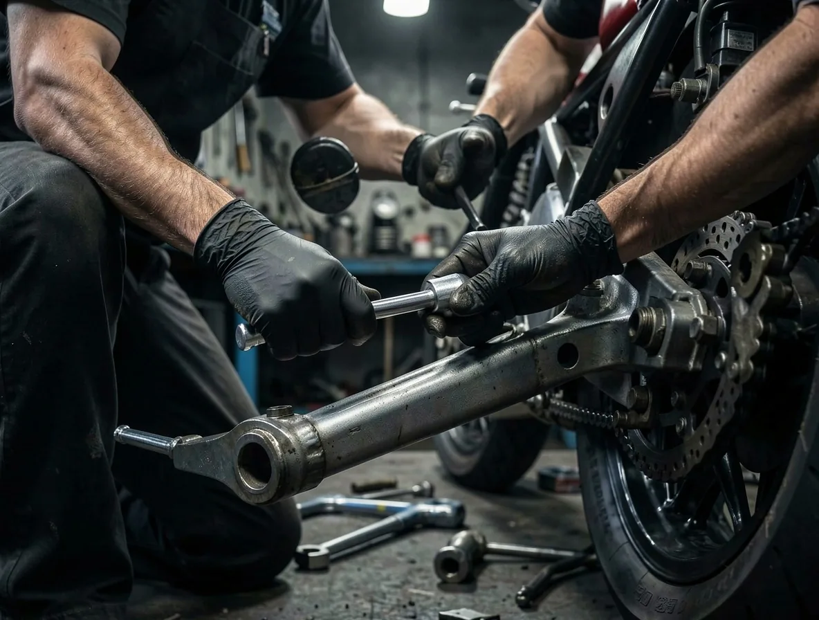 Mechanik serwisujący motocykl w warsztacie Foravell