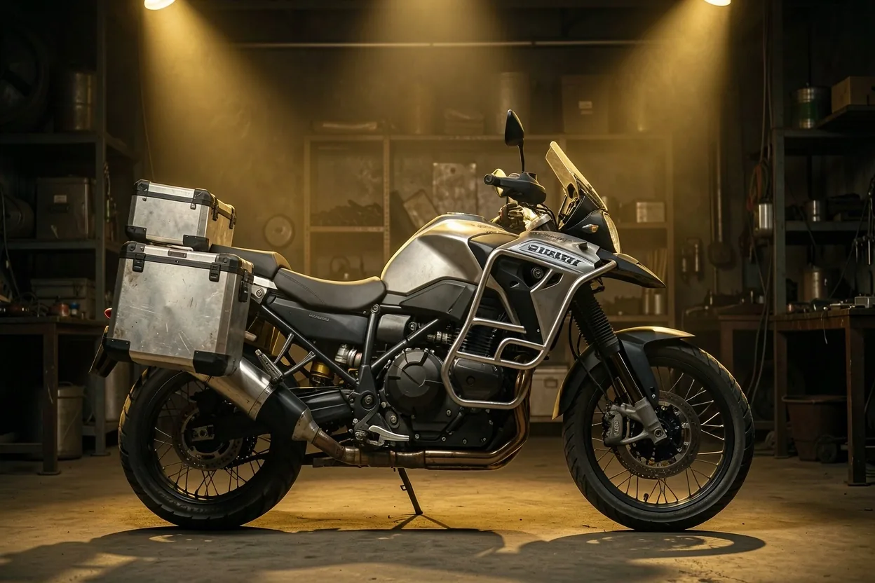 Motocykl turystyczny z kuframi w warsztacie Foravell